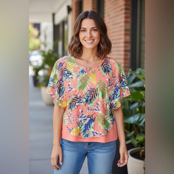 NY Collection Tropical Print Blouse S Layered Sheer Overlay Keyhole - Picture 1 of 10